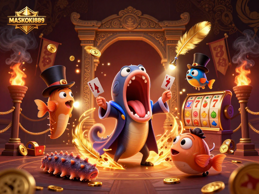 Experience the excitement of MASKOKI889 with a vibrant magic casino scene featuring unique characters and elements.