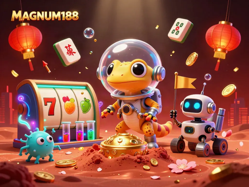 Experience thrilling gameplay at MAGNUM188, a vibrant 3D scene capturing a Martian gecko among slot reels and casino treasures.