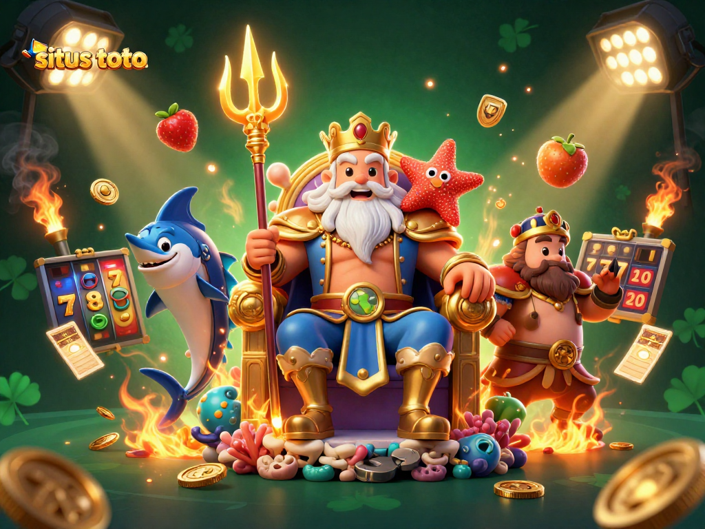 Engage with situs toto in this vibrant casino scene featuring a sea king, slot reels, and golden coins.