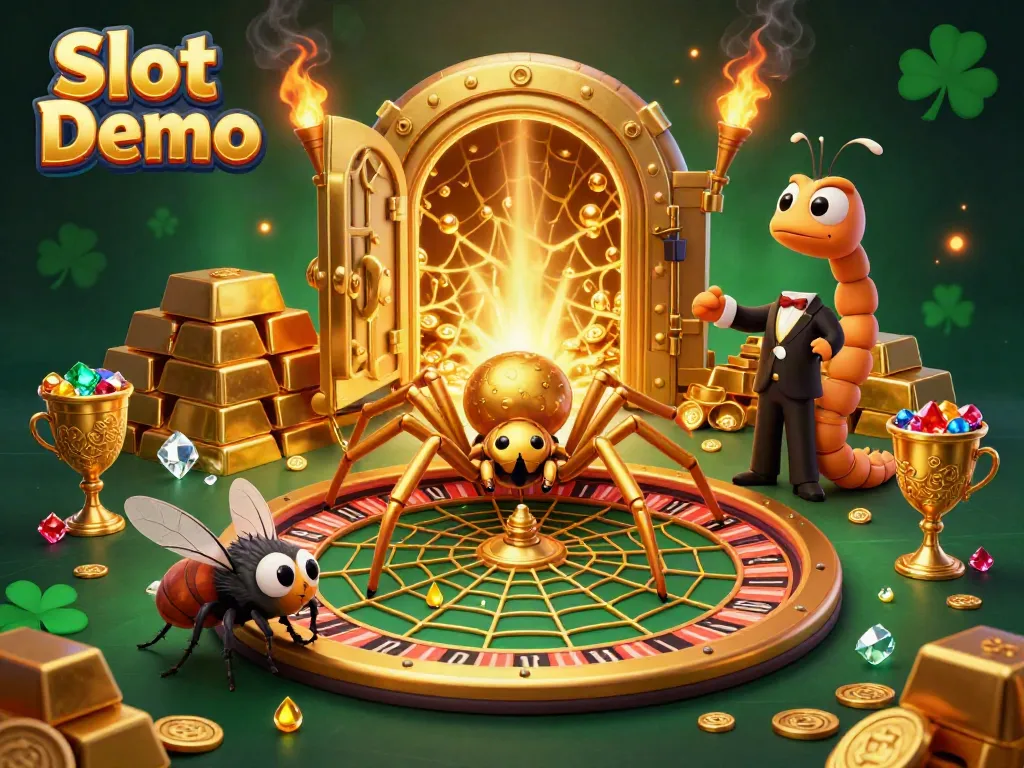 Engage with the Slot Demo experience featuring a spider, fly, and centipede in a vibrant casino scene.