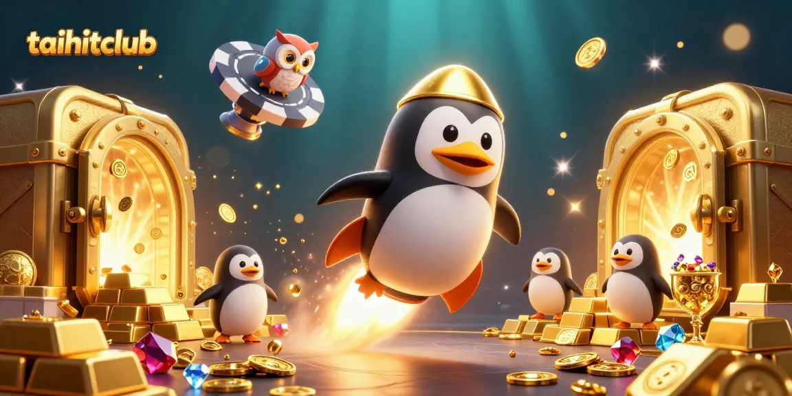 Exciting illustration of taihitclub's 3D penguin blasting through a colorful casino-themed space scene.
