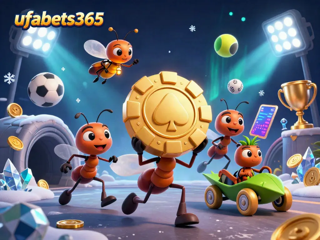 Experience the thrilling world of ufabets365 with ants heisting a giant poker chip amidst vibrant casino elements.