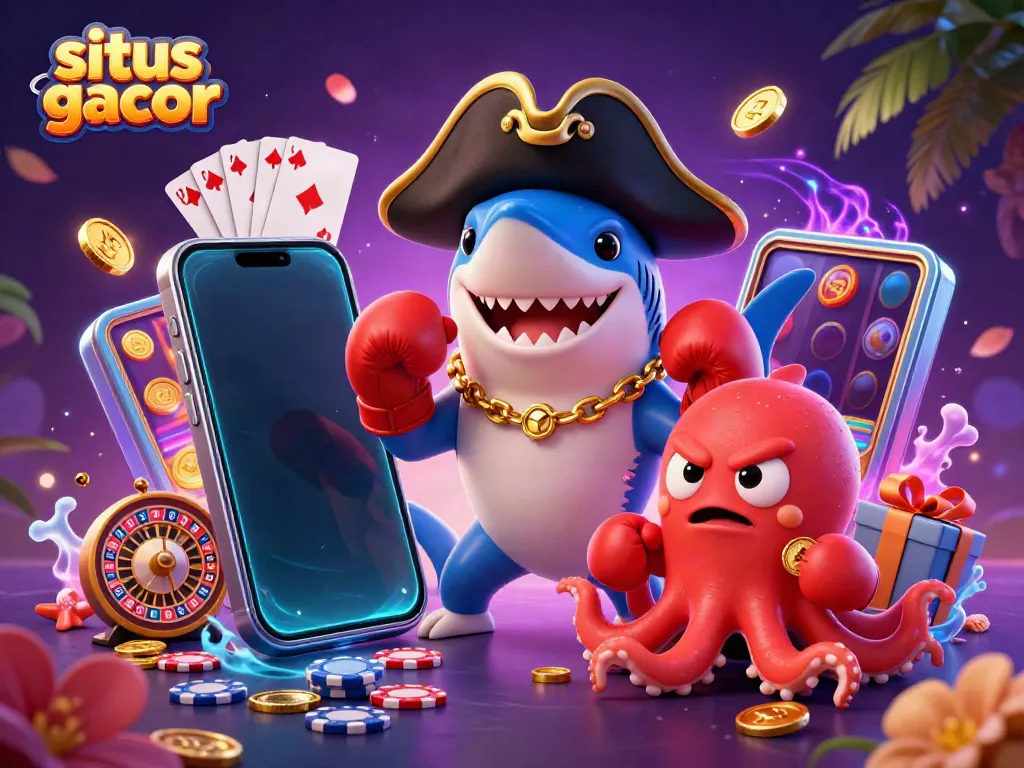 Slot gacor menampilkan hiu kartun 3D, ikan peliharaan marah, dan bayi cumi-cumi dengan koin emas