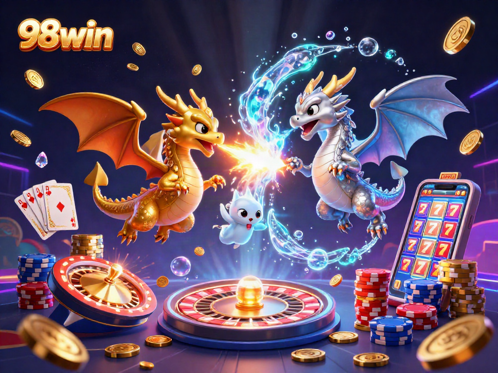Experience thrilling gameplay at 98win with dragons and vibrant casino elements in a dynamic scene.