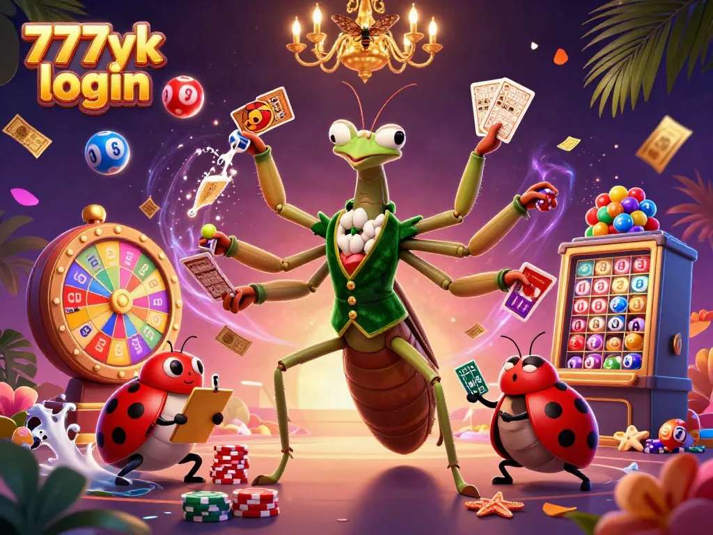Join the fun at 777yk login with a vibrant scene of dynamic gaming elements and characters.
