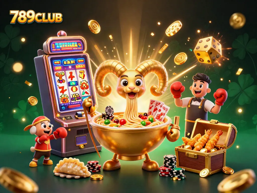 Engage with 789CLUB's thrilling gambling experience featuring giant ramen bowl dealers and dynamic slot machines.