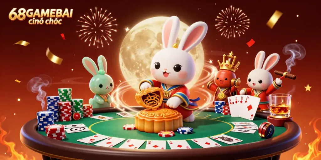 Experience 68GAMEBAI chính thức in an ultra-detailed 3D scene with poker chips and traditional lunar elements.
