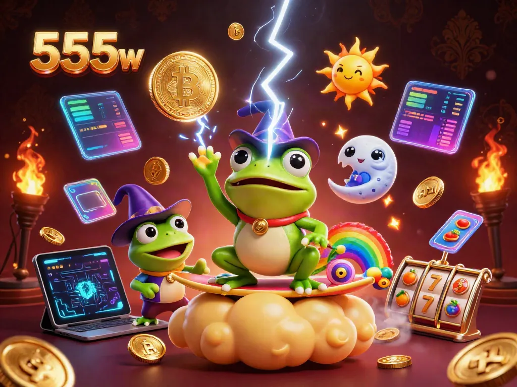 Experience the thrill of 555w with a whimsical illustration depicting a magical frog, chameleon, and casino symbols.