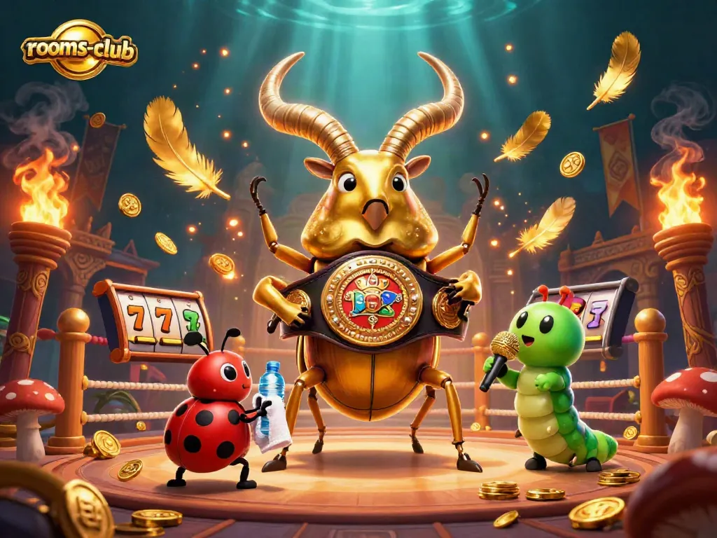 Pemainan peluang di rooms-club: Keberuntungan datang dari jackpot slot yang bersinar, dikelilingi oleh karakter kartun yang menarik.
