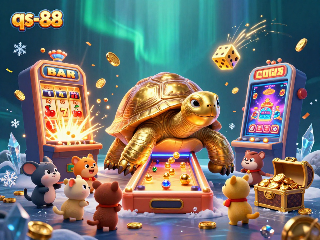 Experience thrilling gaming action at qs-88 with a dynamic scene full of slot machines and excitement.