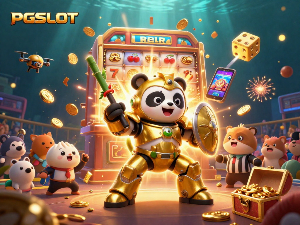 Experience PGSLOT's thrilling action as cartoon characters celebrate a jackpot with vibrant casino elements bursting around them.