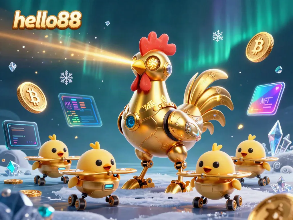 Experience thrilling action with hello88's vibrant 3D golden rooster robot and exciting gaming elements.