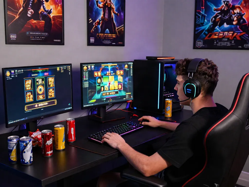 Player immersed in akunjp online gaming with RGB lighting and vibrant slot graphics.