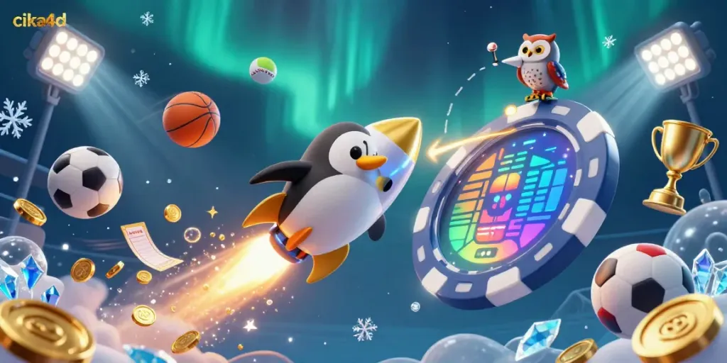 Engage with cika4d through a vibrant illustration of a golden penguin racing to a poker chip-shaped casino in a cosmic setting.