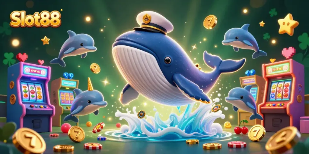Play slots with Slot88, featuring vibrant 3D characters amidst coins and slot reels for exciting gameplay.