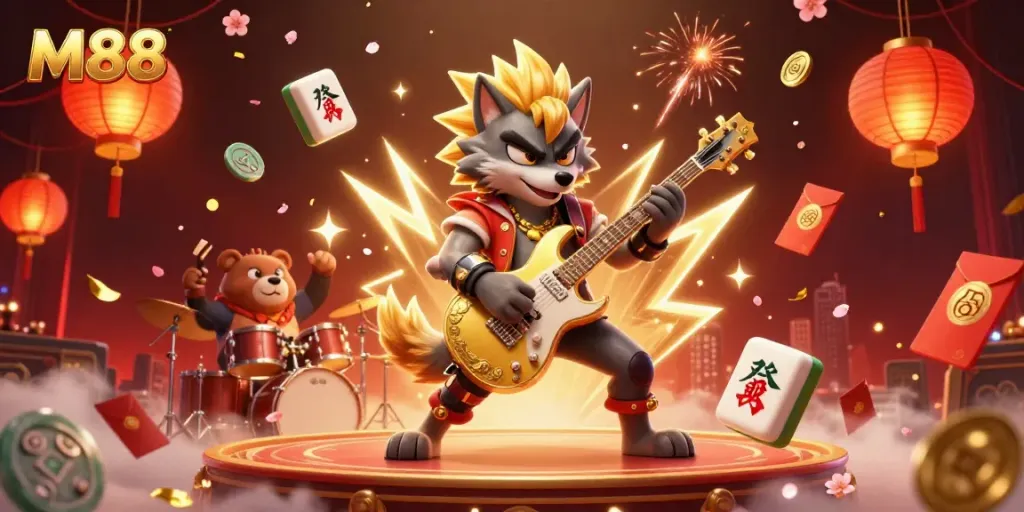Engage with the energetic scene of M88 featuring a rock star wolf and a drummer bear amidst dazzling casino elements.