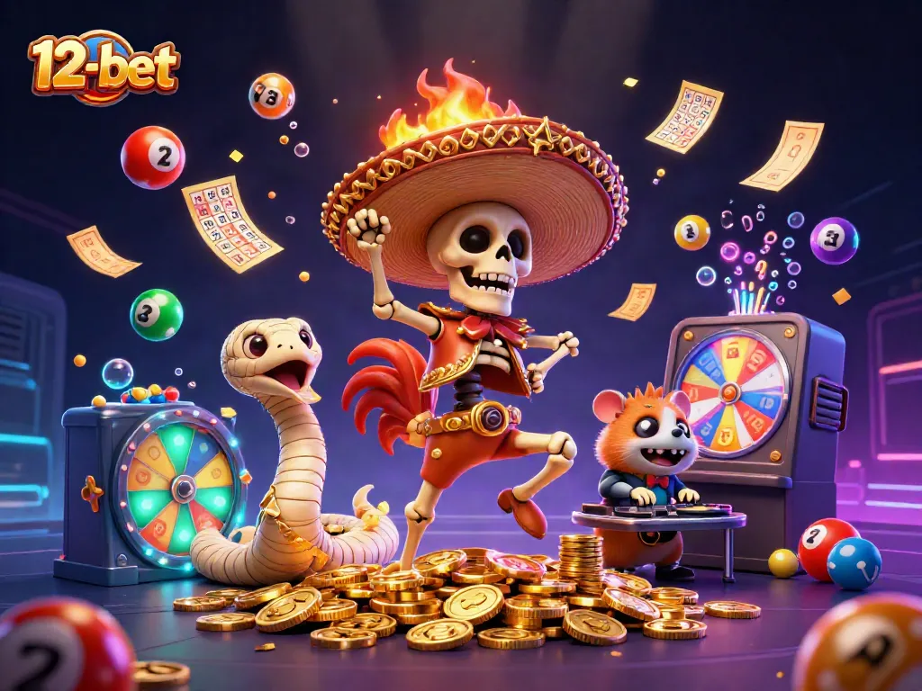 Experience the thrilling action at 12-bet with a dynamic casino scene featuring a festive rooster, mummy snake, and DJ hamster.