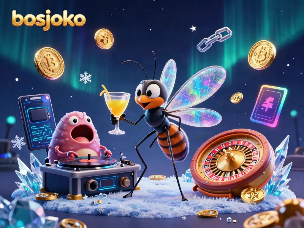 Experience the vibrant energy of bosjoko with a casino mascot and a trilobite DJ celebrating winning moments.