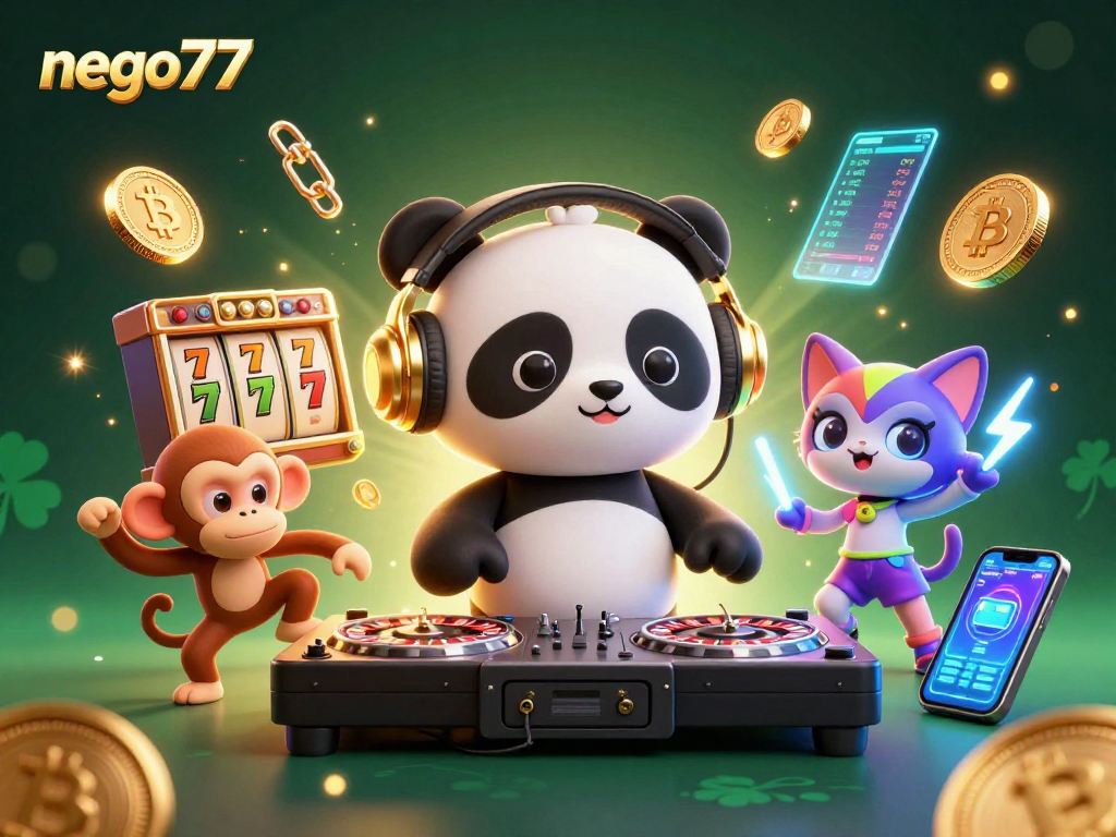 Experience action-packed gaming with nego77 in this vibrant 3D casino illustration.