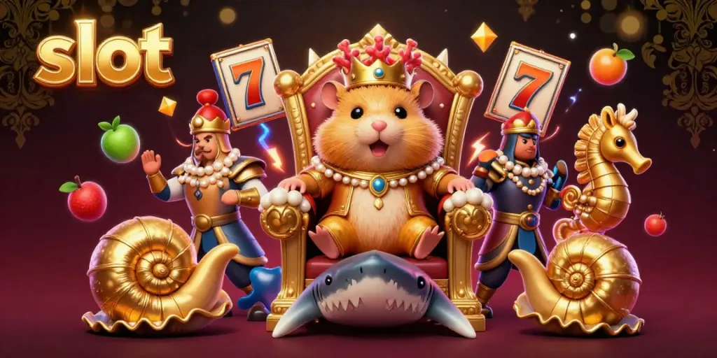 Experience thrilling slot action with a hamster king and vibrant slot elements in this stunning illustration.