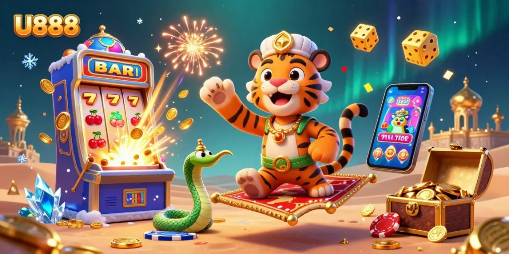 U888 showcases a thrilling casino scene featuring a tiger sultan on a flying carpet amidst slots, gold, and high-stakes action.