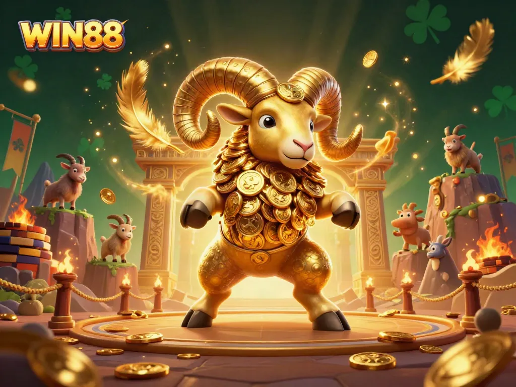 Experience the thrill of WIN88 with a dynamic golden ram charging through a vibrant casino atmosphere.