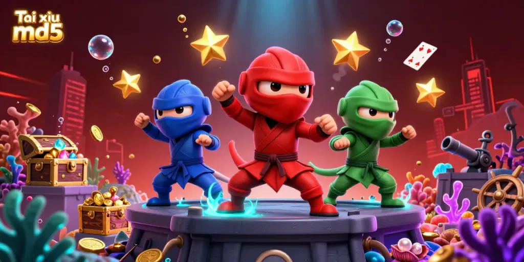 Engage in Tài xỉu md5 action with a ninja chameleon team showcasing dynamic martial arts moves in an electrifying casino atmosphere.