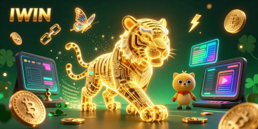 Experience IWIN with a neon-wireframe tiger in a vibrant digital casino, showcasing cryptocurrency elements.