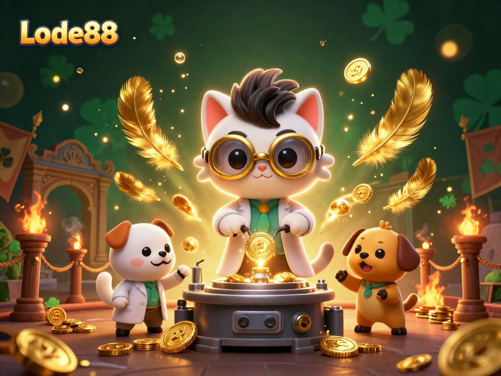 Engage with Lode88 through this vibrant 3D scene depicting a mad scientist cat and dog creating wealth!