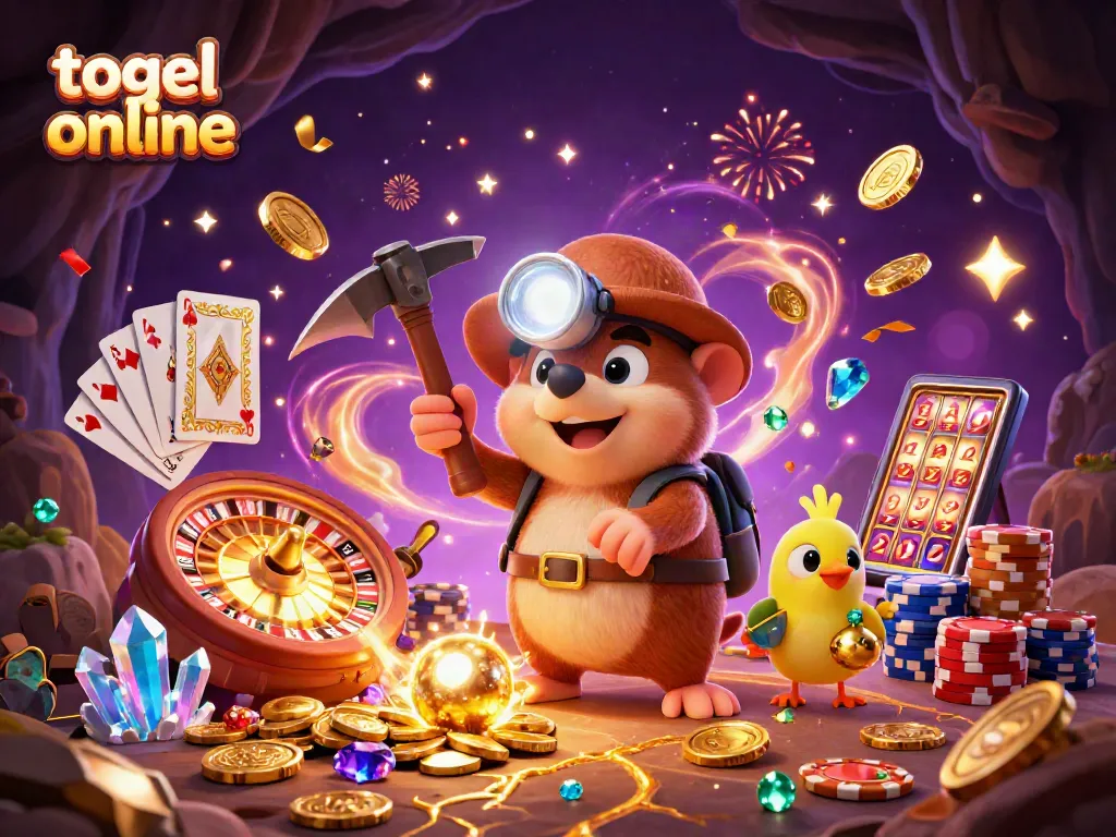 Menggali togel online dengan karakter mole dan kanari di gua emas yang berkilau.