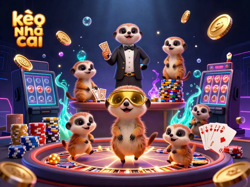 Engaging scene depicting kèo nhà cái gameplay with meerkats hosting a bustling casino.
