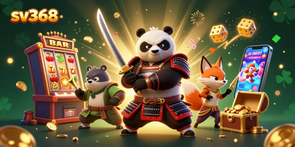 Engage with dynamic sv368 gaming elements featuring a samurai panda, ninja fox, and spirit tanuki in action.