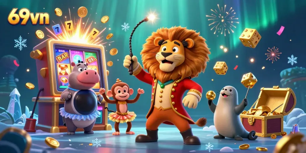 Experience thrilling gaming with 69vn's vibrant jackpot explosion and colorful characters in a dynamic casino scene.