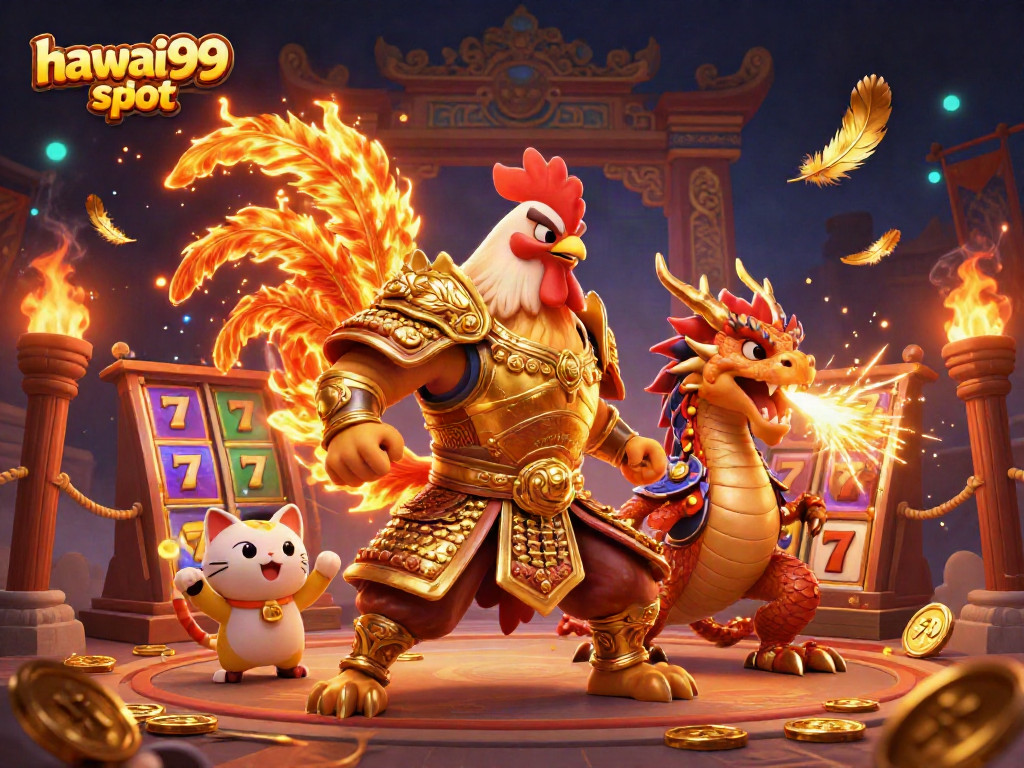 Engage with hawai99 slot's dynamic features amidst a vibrant casino scene filled with gold.
