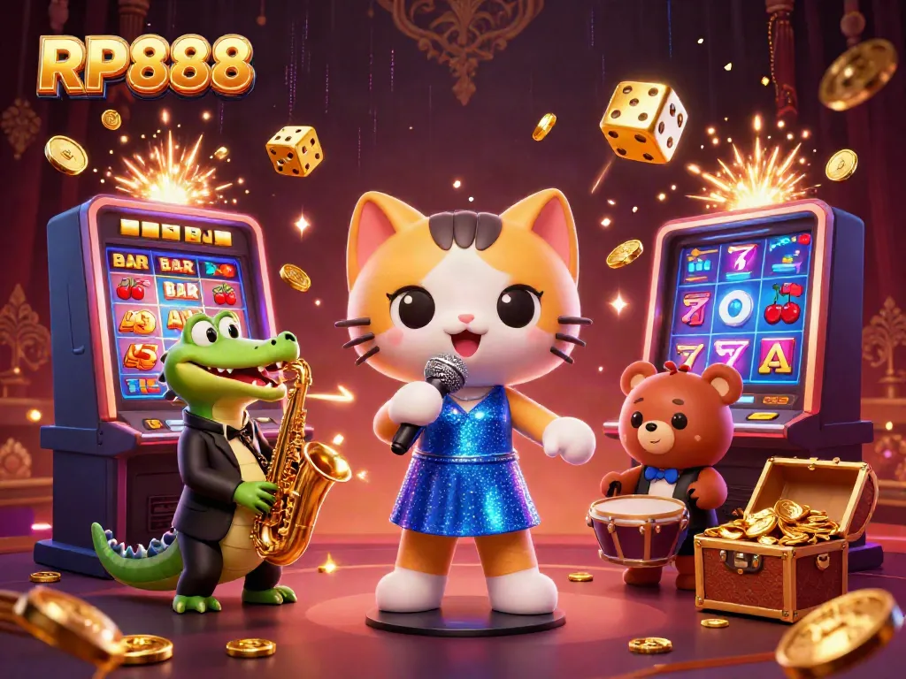 Experience the excitement of RP888 with a vibrant casino scene featuring animated characters and dynamic slot elements.
