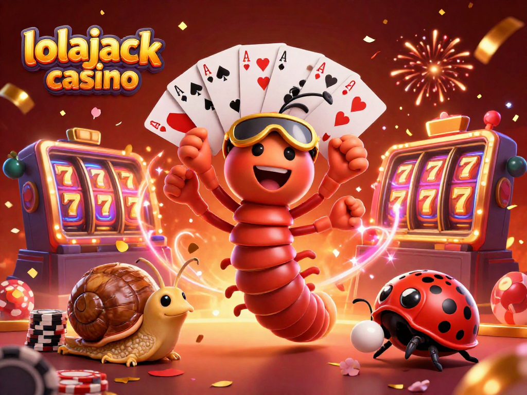 Engage with exciting games at lolajack casino amidst colorful cards and vibrant slot reels.