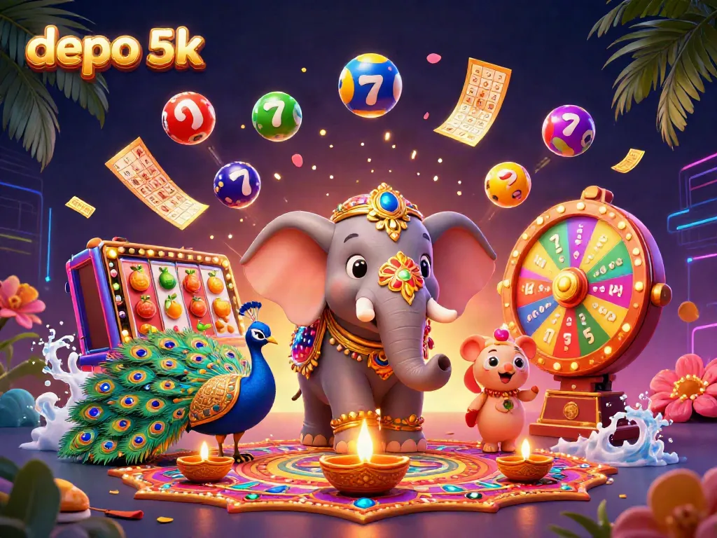 Engage with depo 5k as a vibrant 3D illustration featuring lucky symbols and festive elements, encapsulating the excitement of online slots.