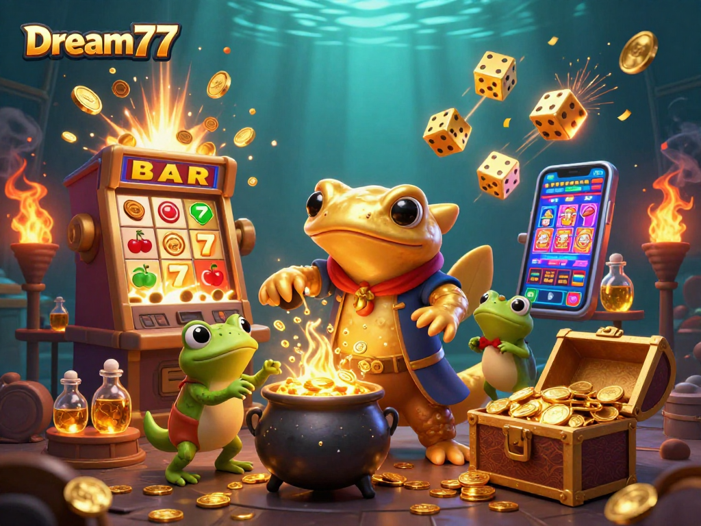 Experience Dream77 with a vibrant scene of a golden alchemist in a casino setting.