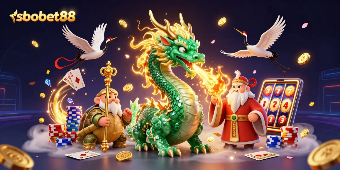Experience the thrilling atmosphere of sbobet88 with a dragon, sage, and lucky cranes in a dynamic casino setting.