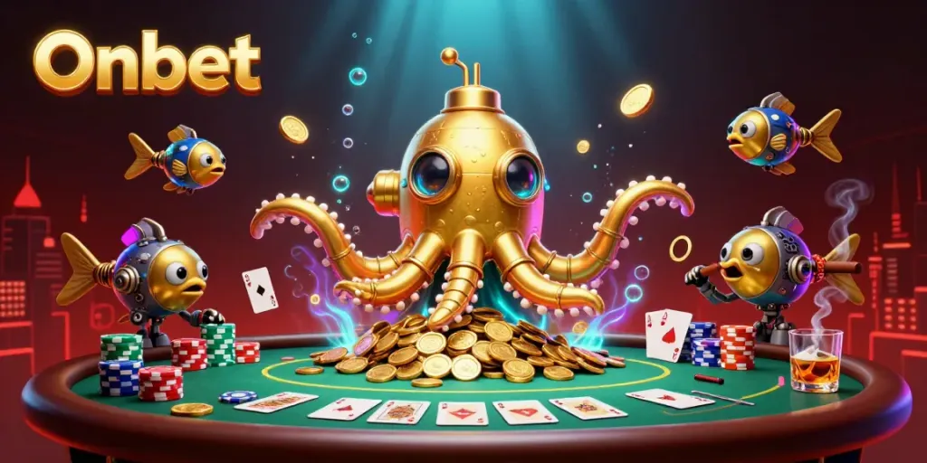 Experience the thrill of Onbet’s vibrant casino scene with a kraken submarine and poker elements.