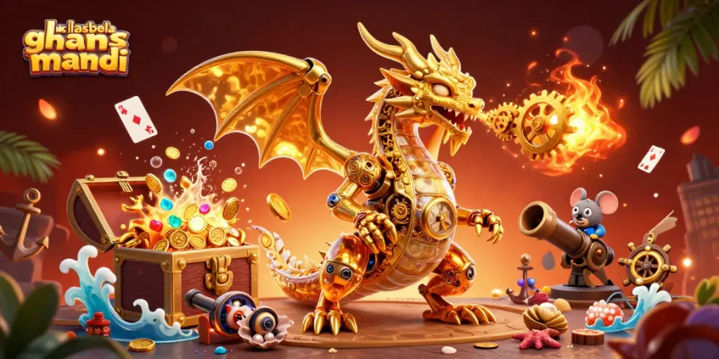 Experience the thrill of ak lasbela ghans mandi with a dynamic illustration featuring a golden dragon amidst casino elements.