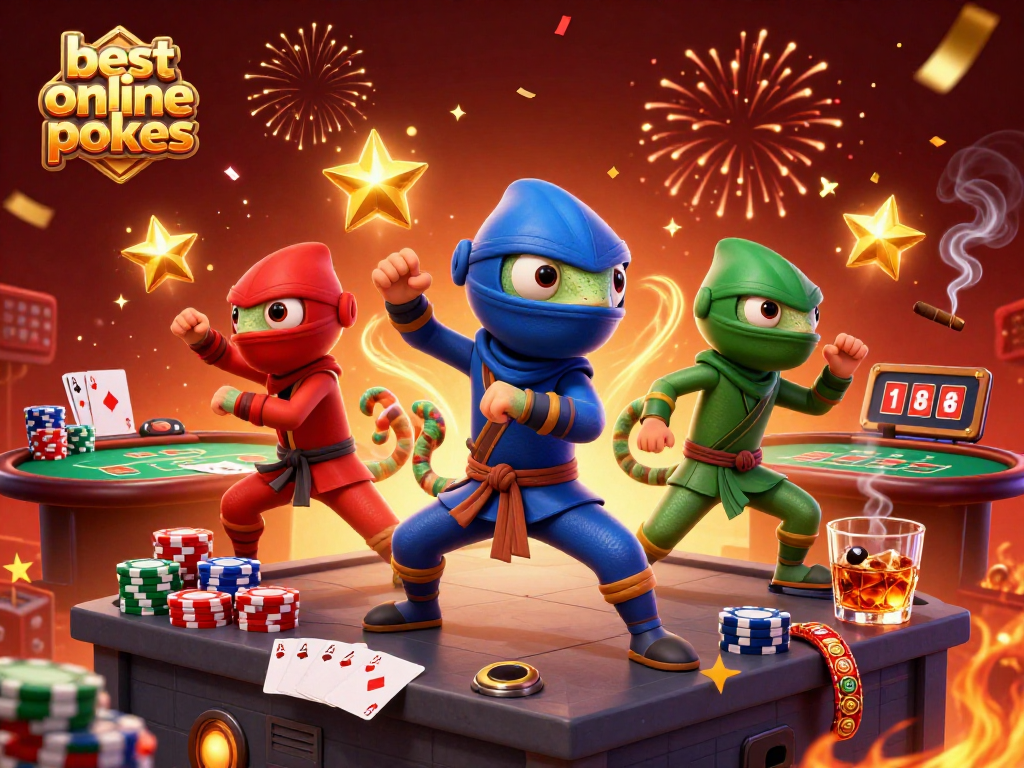 Best online pokies illustrated with ninja chameleons and vibrant casino elements.