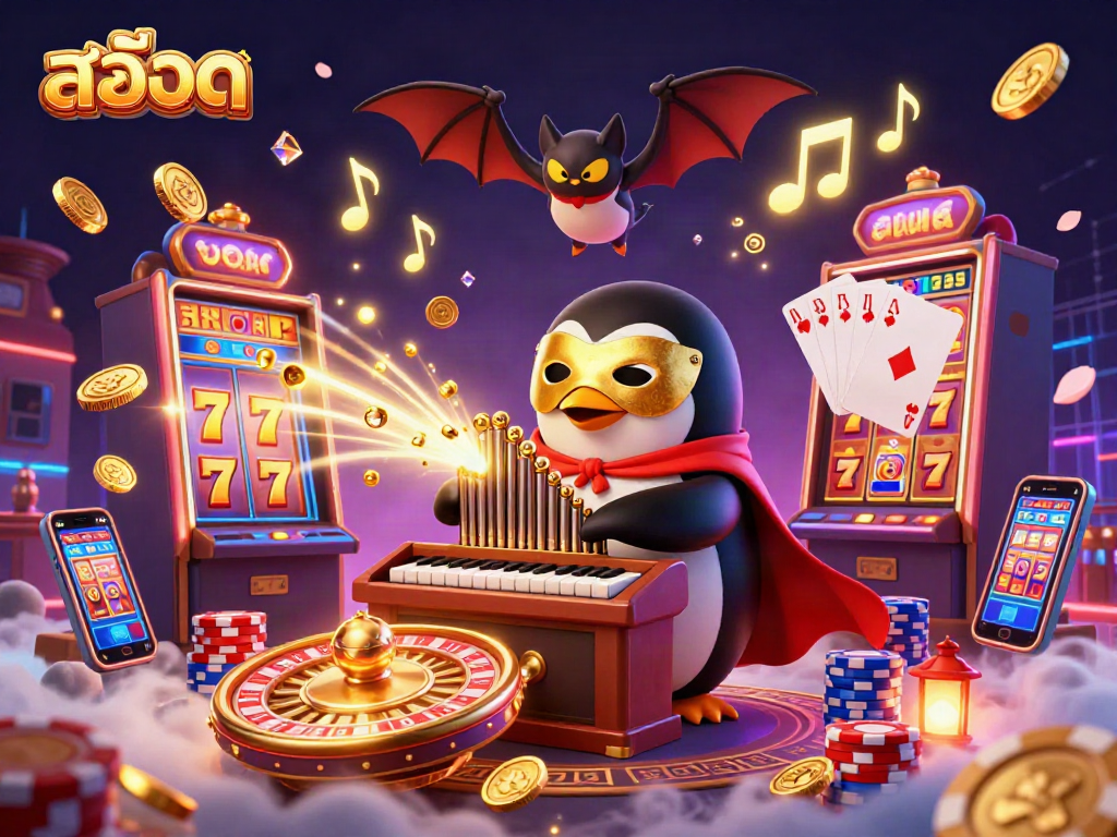 Play exciting สล็อต games with a vibrant 3D illustration featuring a penguin and dazzling casino elements.