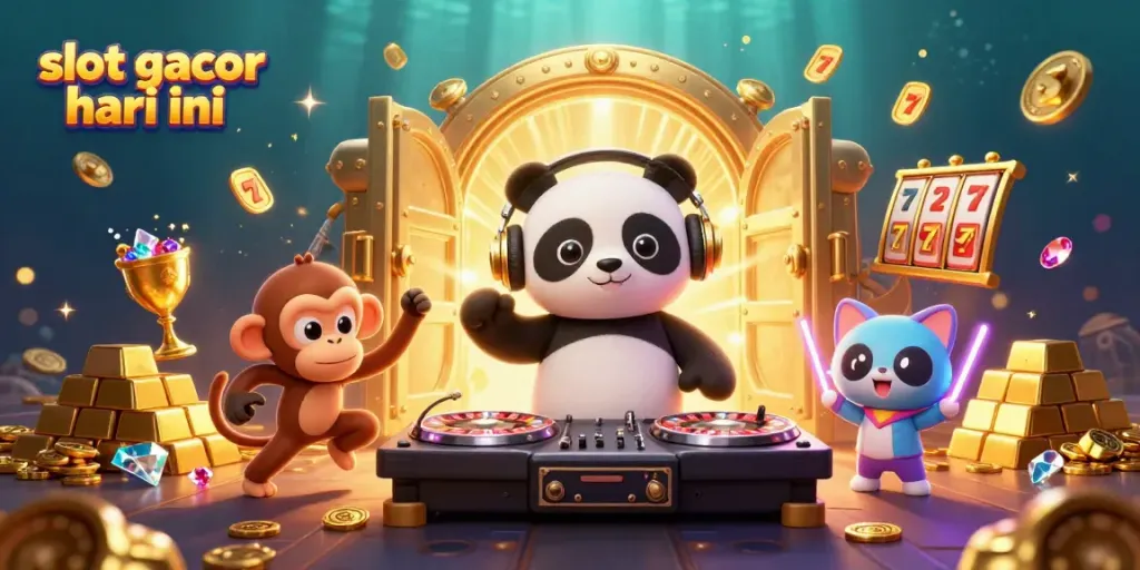 Slot gacor hari ini, DJ panda dan karakter kartun lainnya merayakan kemenangan dengan harta karun di kasino.