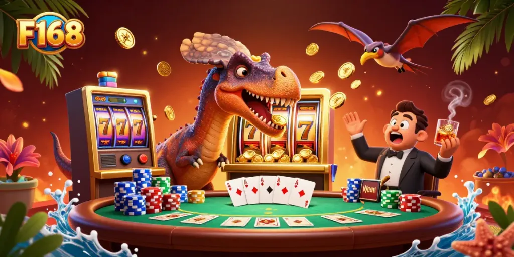 Experience F168 with a dynamic scene of a dinosaur interacting with a slot machine and casino chaos.