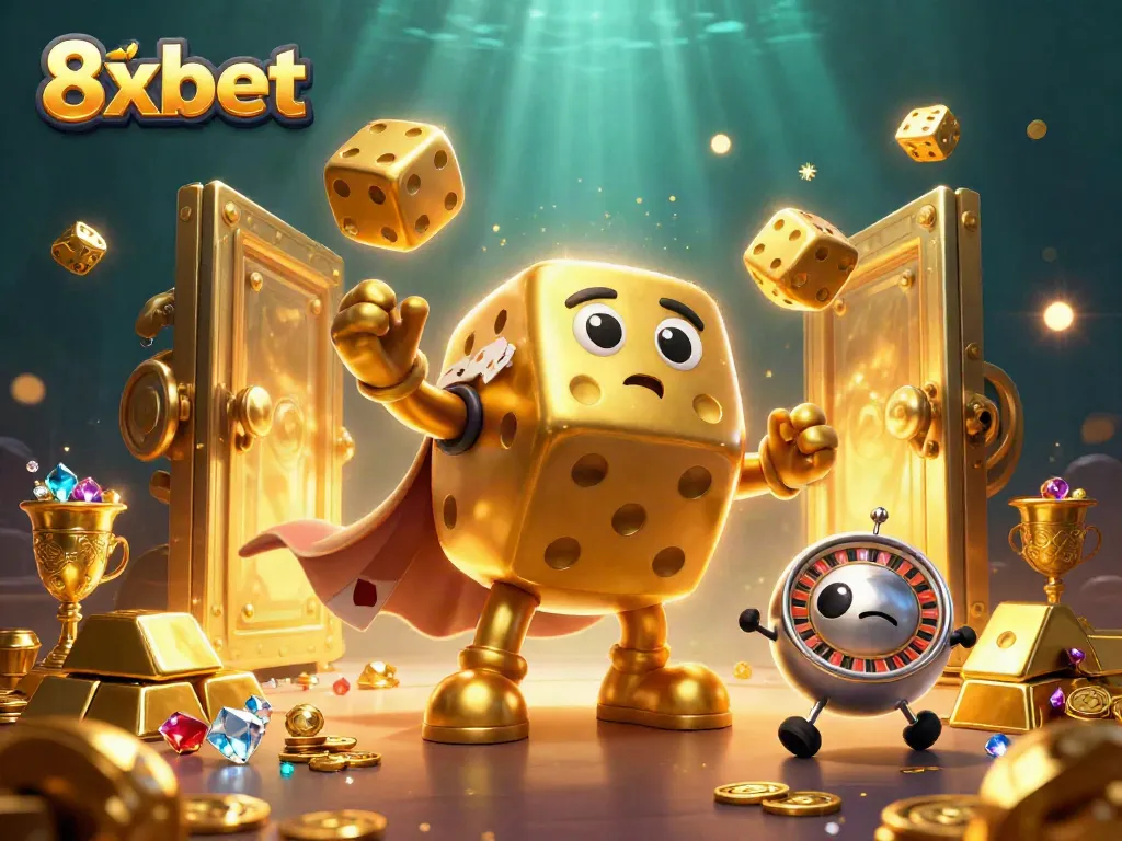 Experience thrilling moments at 8xbet with golden dice, jewels, and casino elements in this vibrant casino scene.