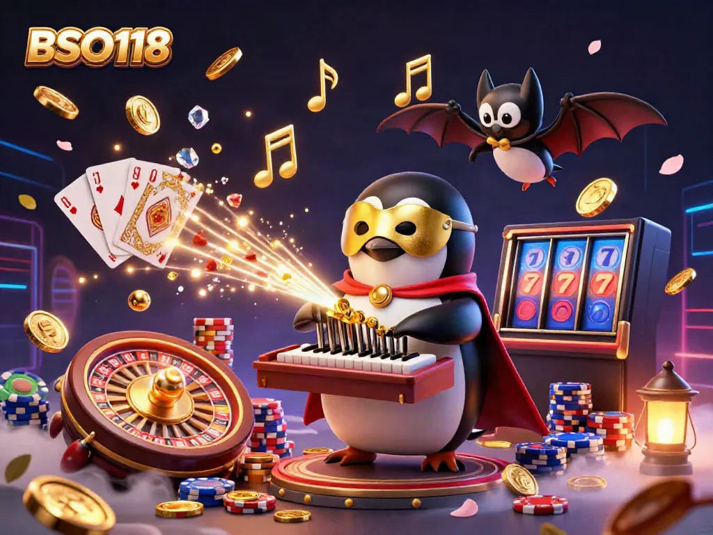 Experience the excitement of BSO118 with a penguin playing golden pipe organ, surrounded by casino fun.