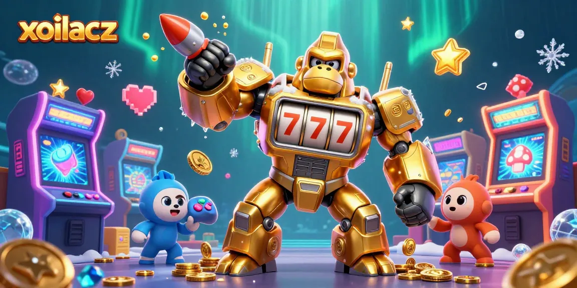 Xoilacz showcases an exciting battle with a golden gorilla mech and vibrant gaming elements in an engaging casino scene.