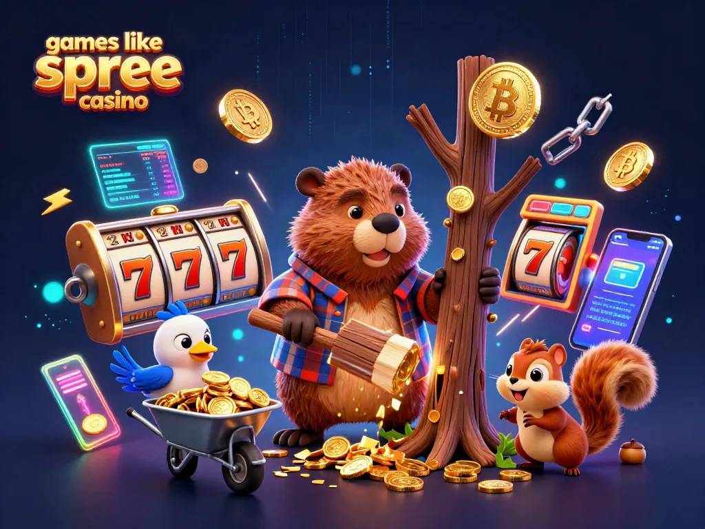 Play games like spree casino with vibrant slots and golden coin rewards in this animated scene
