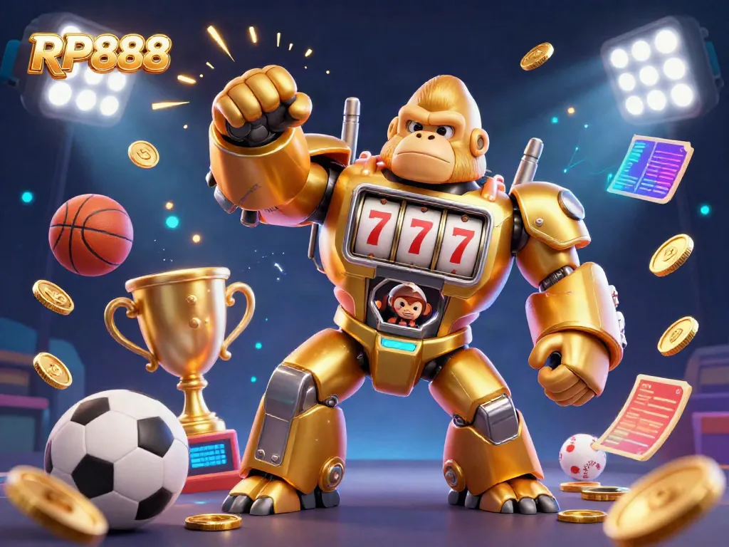 Experience the excitement of RP888 with a dynamic illustration of a golden gorilla mech and sports elements exploding with energy.